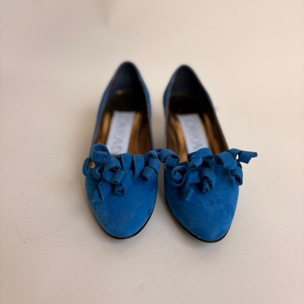 Joan & David Blue Suede Bow Pumps - Made in Italy, Ruffled Kitten Heel, Size 7.5 - Picture 6 of 9